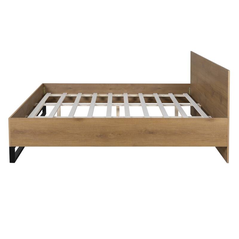 Solid Wood Rustic Platform Bed with Headboard, Wooden and Metal Bed Frame, Wood Slats Support, No Box Spring Needed