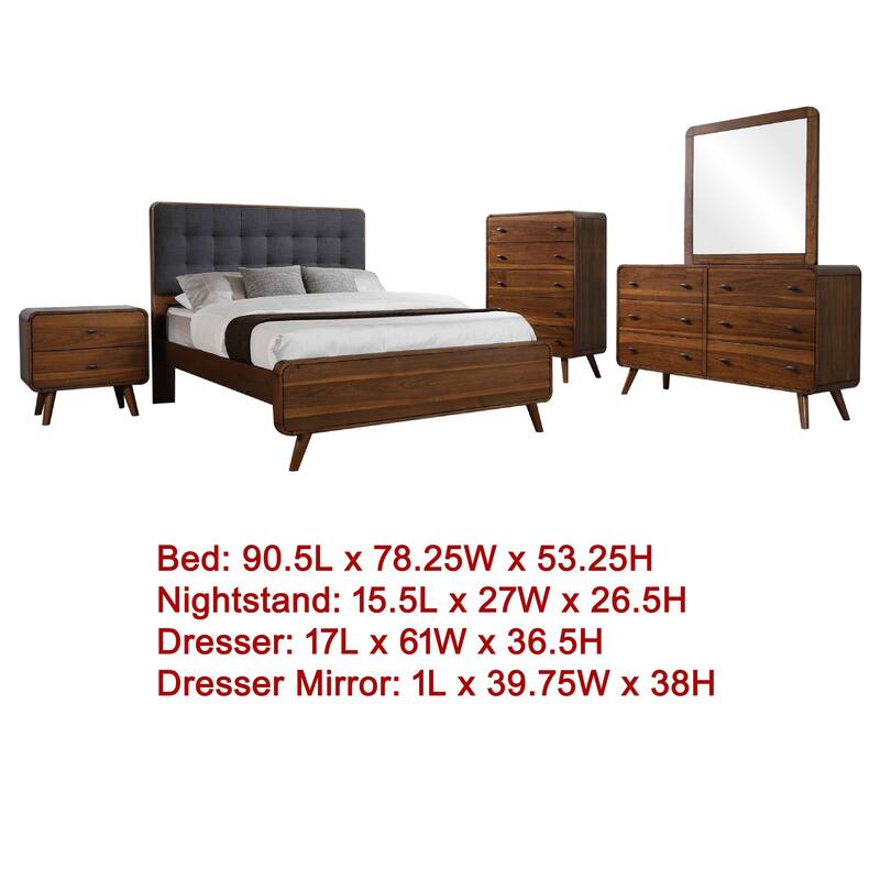 Ryb 5pc Bedroom Set w Cal King Bed, Walnut Brown, Dark Gray Upholstery