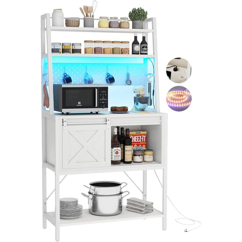 Moasis 5 Tier Kitchen LED Bakers Rack with Sliding Storage and Shelves Bar Table with Power Outlet - White