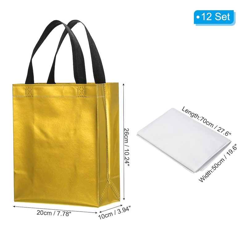Gift Bags with Tissue, 12 Set 8" Reusable Non-Woven Gift Goodie Bags - 10"x8"x4" - Gold Tone