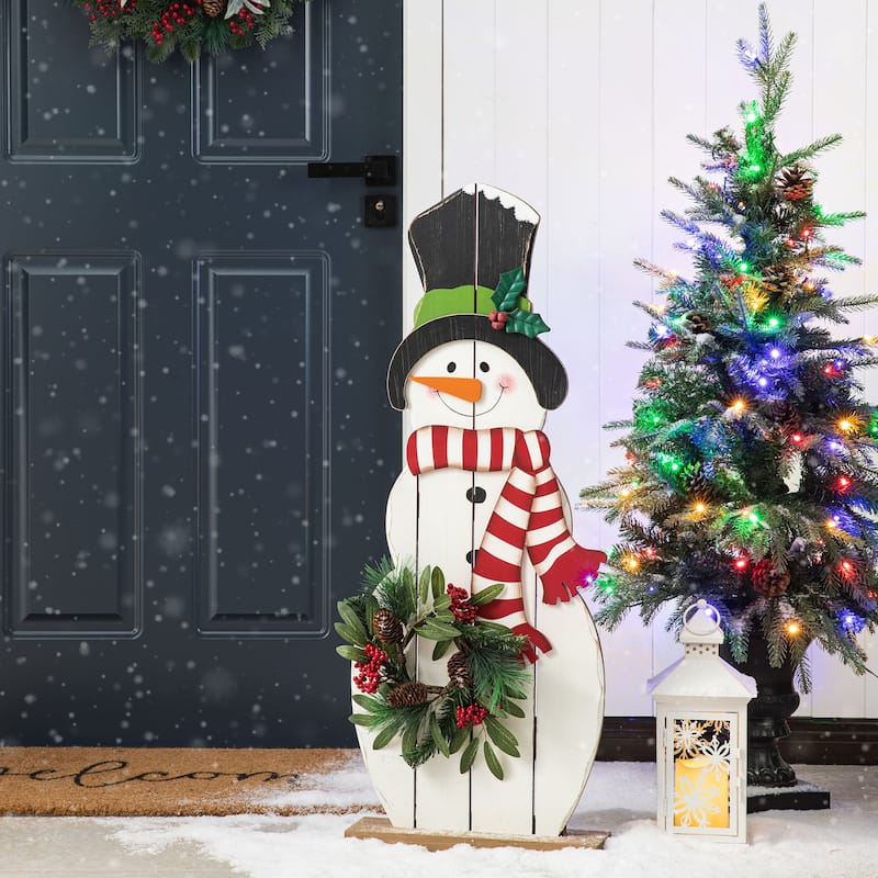 Glitzhome 36"H Christmas Wooden/Metal Snowman Porch Decor with Wreath - 36"