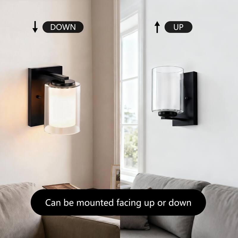 Matte Black/Brushed Nickel 1-Light Indoor Bathroom Vanity Light Wall Sconce with Dual Glass Shades