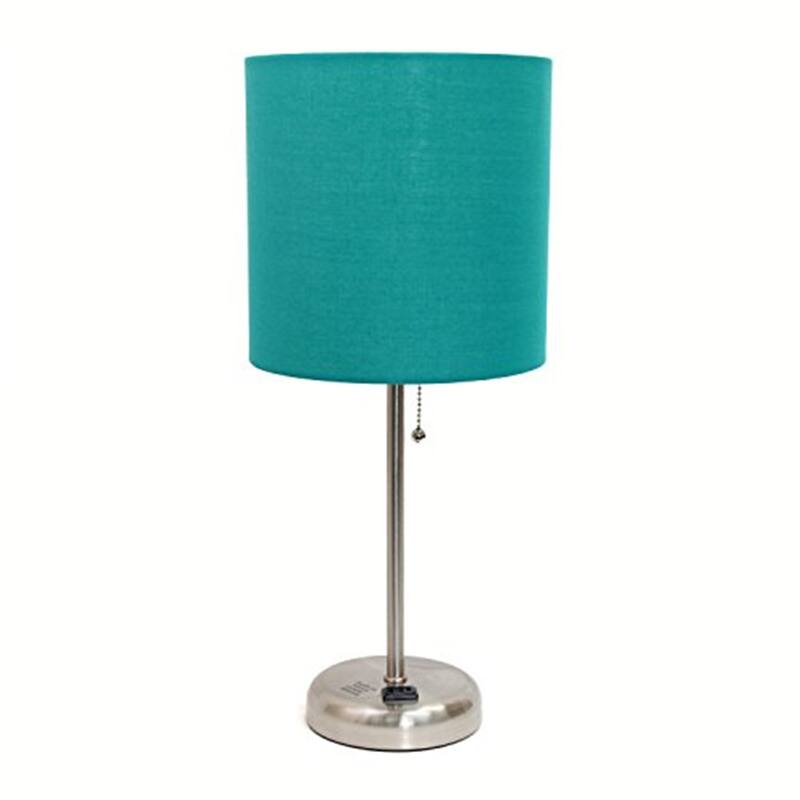 19.5 in. Brushed Steel Finish Table Lamp with Blue Shade, Durable Stick Lamp for End/Side Tables