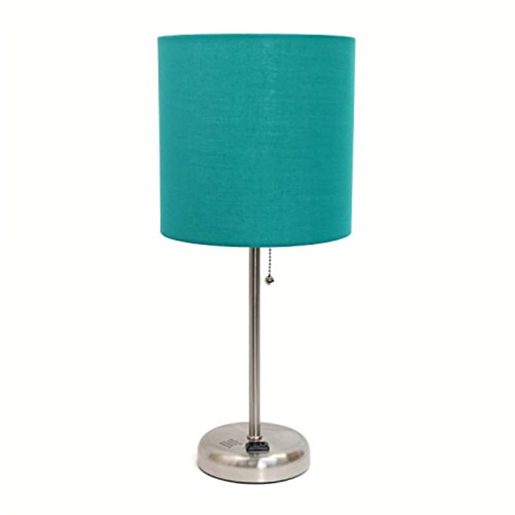 19.5 in. Brushed Steel Finish Table Lamp with Blue Shade, Durable Stick Lamp for End/Side Tables