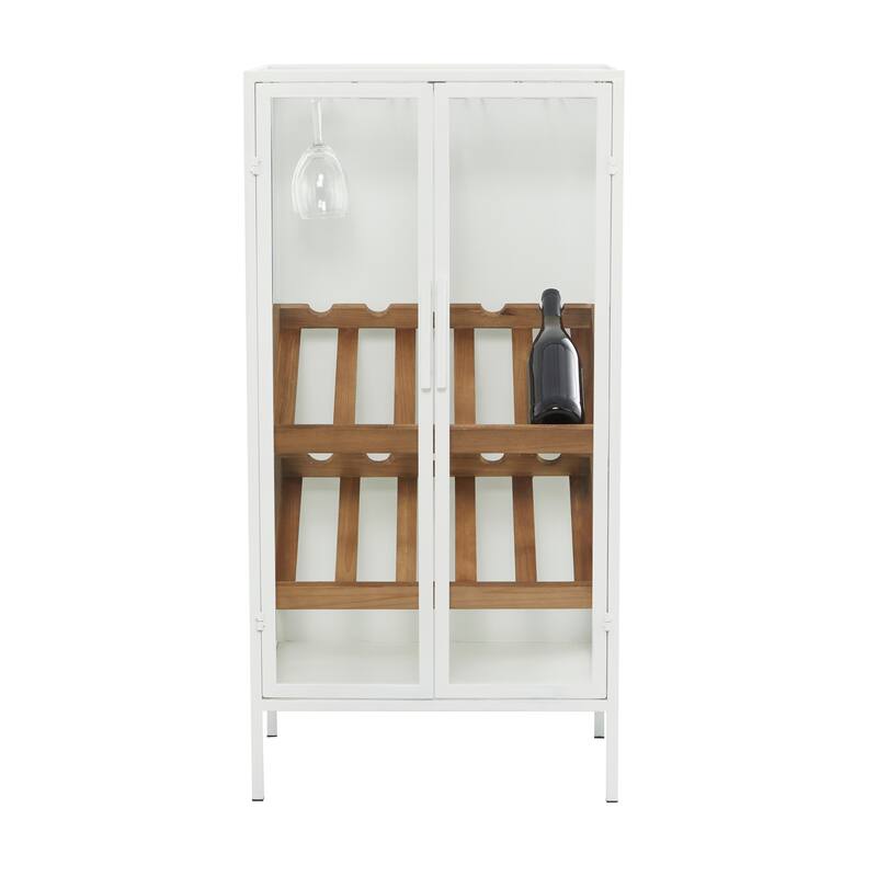 Metal 10-Bottle Wine Rack with Wine Glass Holders and Wood Accents - Black or White