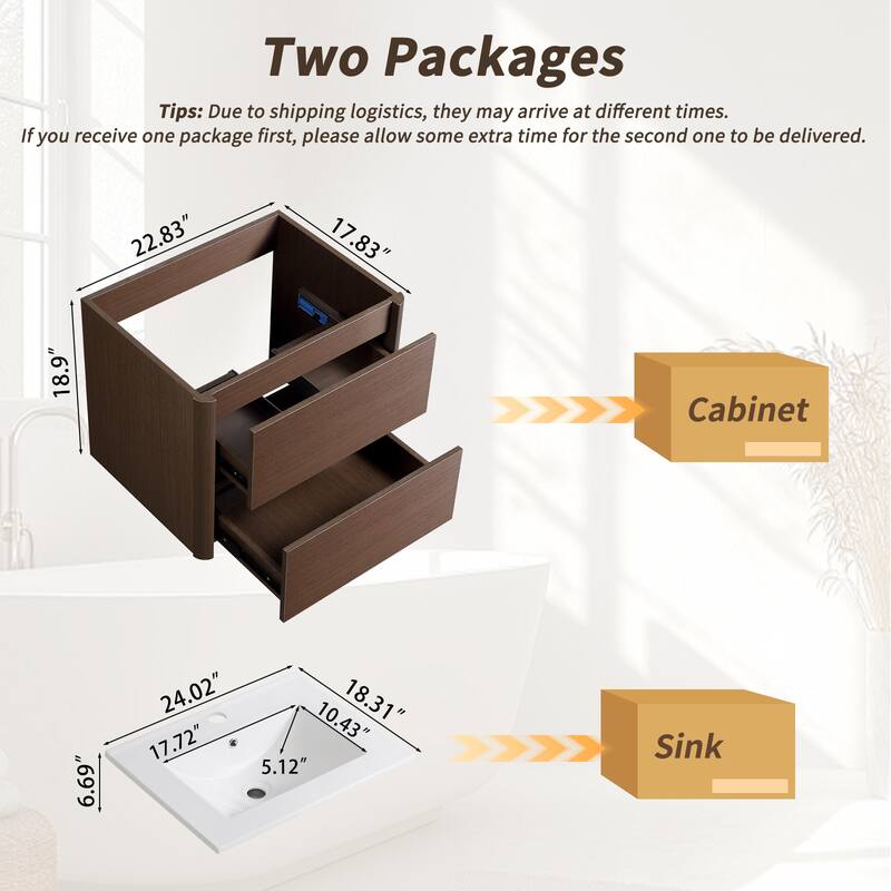 GDFStudio - Lucas Wall-Mounted Bathroom Vanity with Ceramic Sink and Floating Storage Cabinet Design