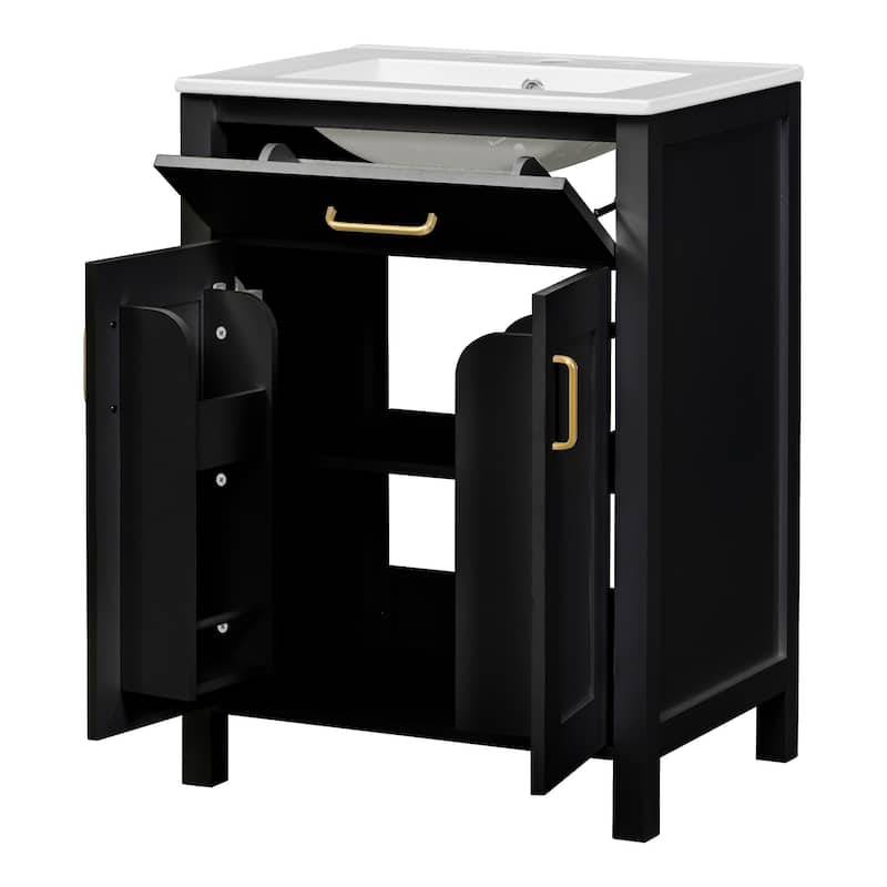 Bathroom Vanity Compact Freestanding Adjustable Cabinet with Door Storage Racks, Flip Down Drawer and Golden Handles
