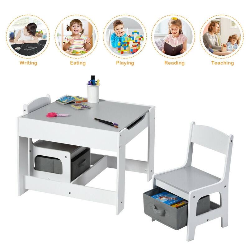 Kids Table and Chairs Set with Storage, Blackboard, and Whiteboard for Creative Drawing and Play