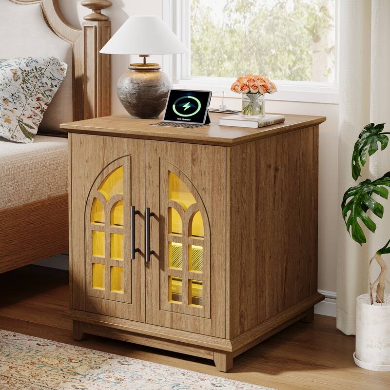 Farmhouse End Table with Charging Station & LED Light