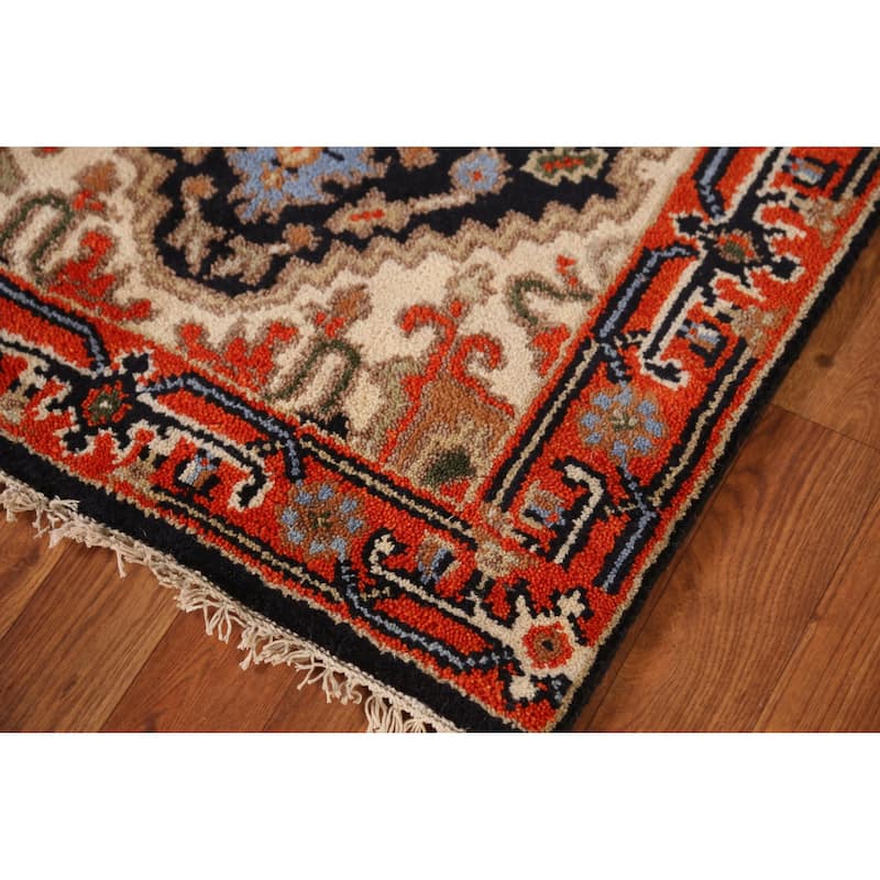 Dark Navy Blue Heriz Serapi Indian Runner Rug Hand-Knotted Wool Carpet - 2'6" x 9'11"