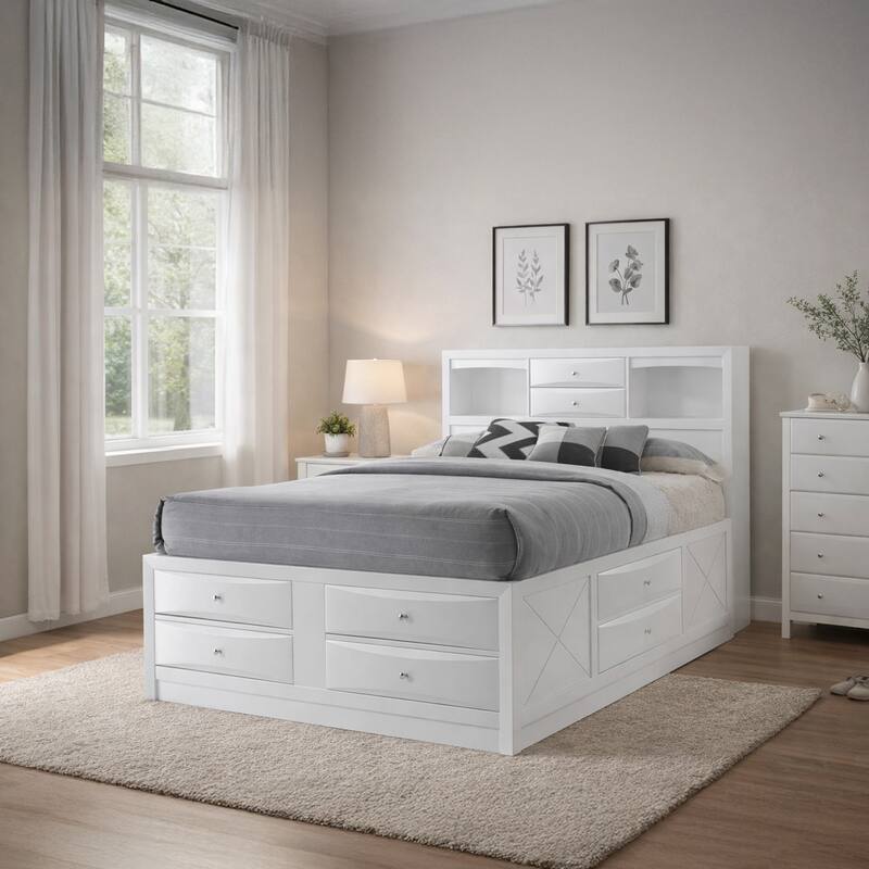 Eight Drawer Full Size Storage Bed with Bookcase Headboard, White