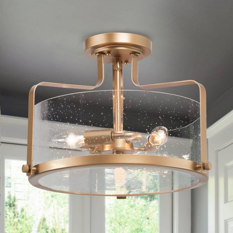 Modern Farmhouse 3-Light Drum Glass Semi-Flush Mount Ceiling Lights - D13"*H10.2"  - Deep Gold