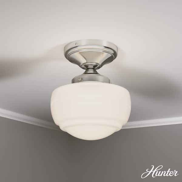 slide 2 of 8, Hunter Saddle Creek 1 Light Contemporary Schoolhouse Flush Mount Ceiling Light - Bathroom, Hallway, Bedroom, Entry - Damp Rated! Brushed Nickel- White Glass