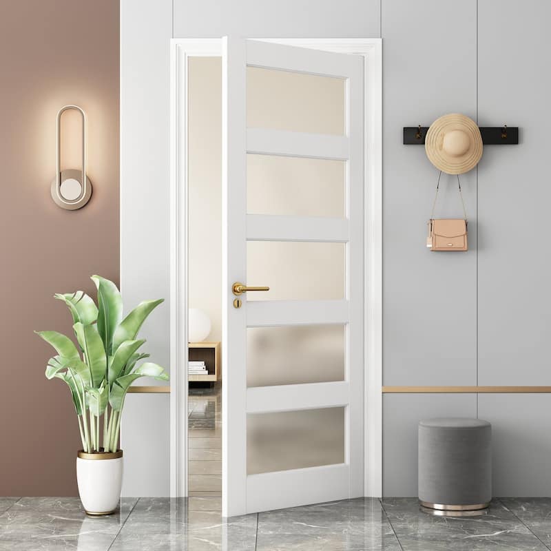80"H 5 Lite White Primed Frosted Tempered Glass French Interior Slab Door Panel Pantry Door