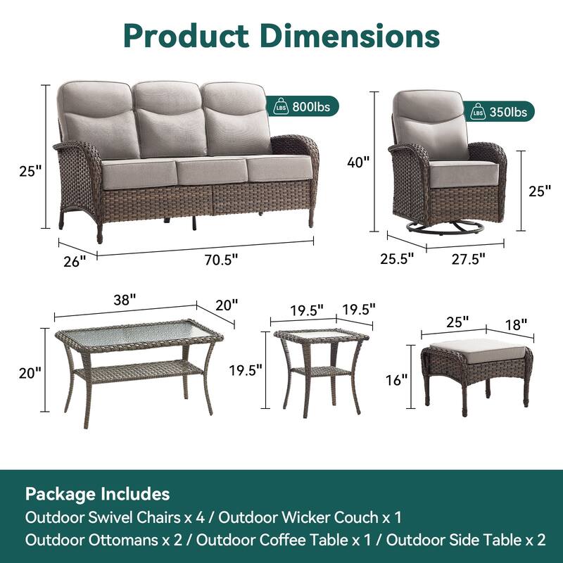 Pocassy Outdoor Sofa Swivel Chair and Ottman with Fire Pit Table