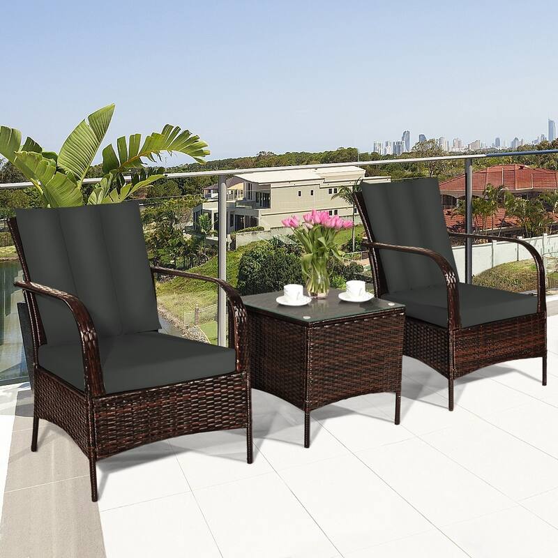 3 Pieces Patio Rattan Conversation Set with Glass Top Coffee Table and Cushions