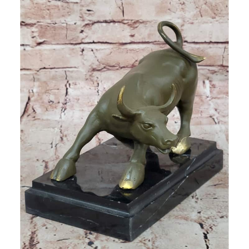 Aggressive Imitative Bull Bronze Sculpture On Marble Stand Signed Imitative Fisher