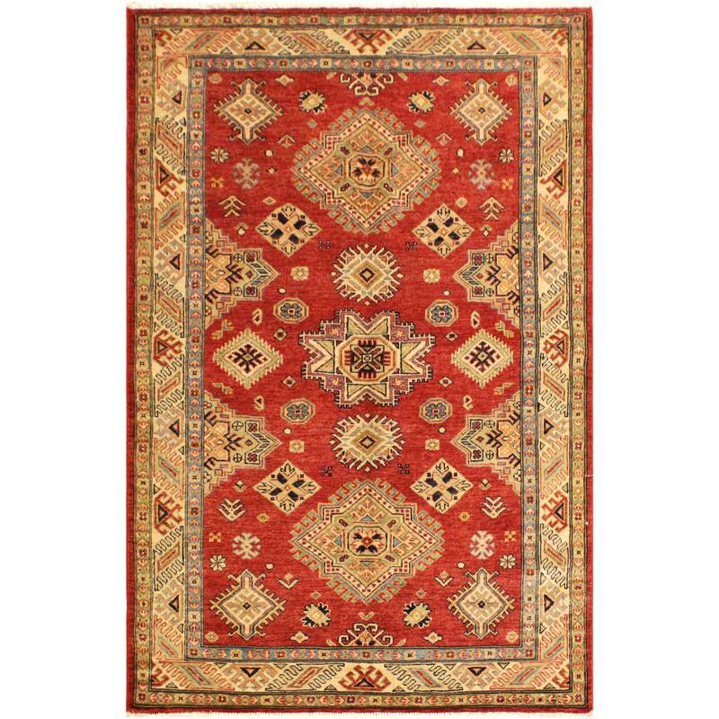 Tribal Super Kazak Amaris Red/Tan Hand Knotted Wool Rug - 4'1'' x 6'3''