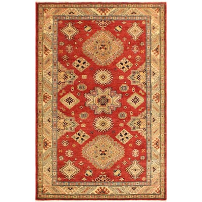 Tribal Super Kazak Amaris Red/Tan Hand Knotted Wool Rug - 4'1'' x 6'3''