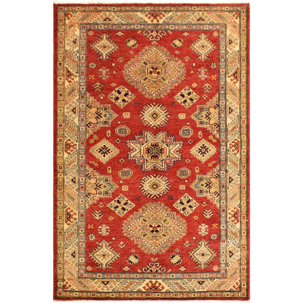 Tribal Super Kazak Amaris Red/Tan Hand Knotted Wool Rug - 4'1'' x 6'3''