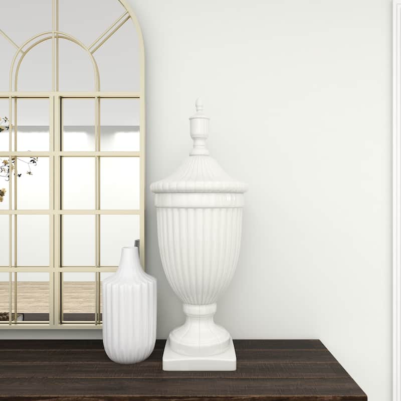White Ceramic Tall Fluted Urn Living Room Decorative Jars with Grooves and Lid