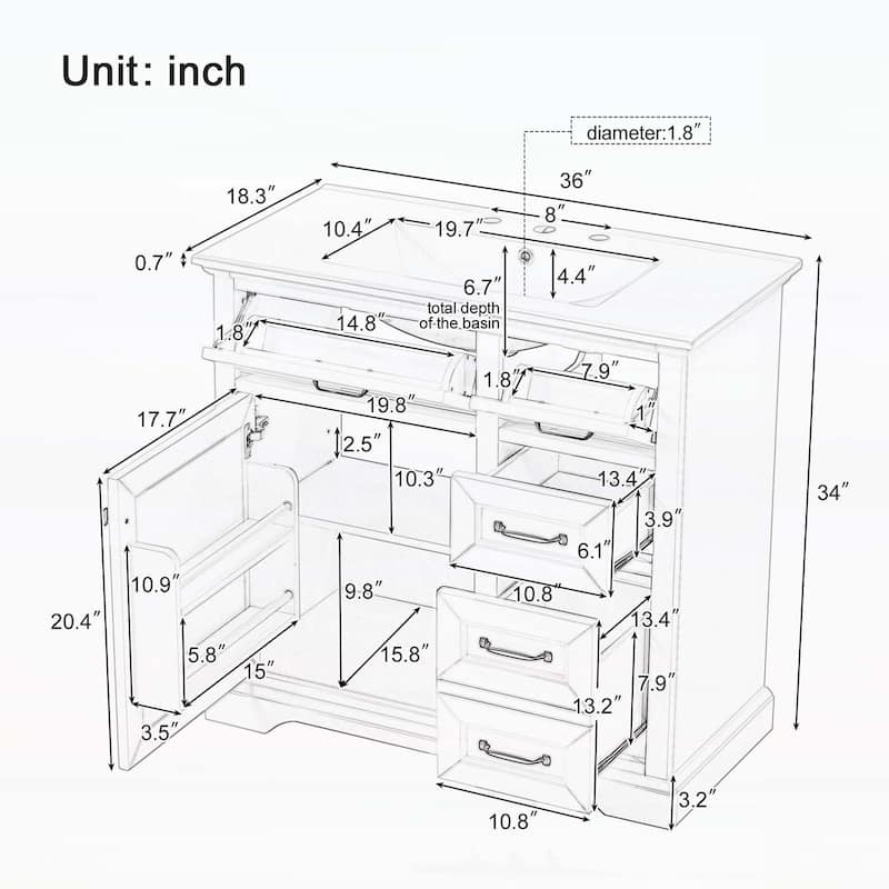 Bathroom Vanity Cabinet with Sink,2 Tip-out Drawers, Soft Close Door Hinges