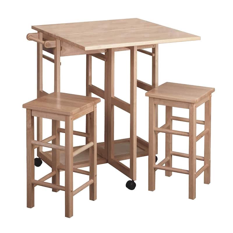 Drop Leaf Table with Stools - Kitchen Cart on Wheels - Modern Dining Table Set - Compact Bistro Table