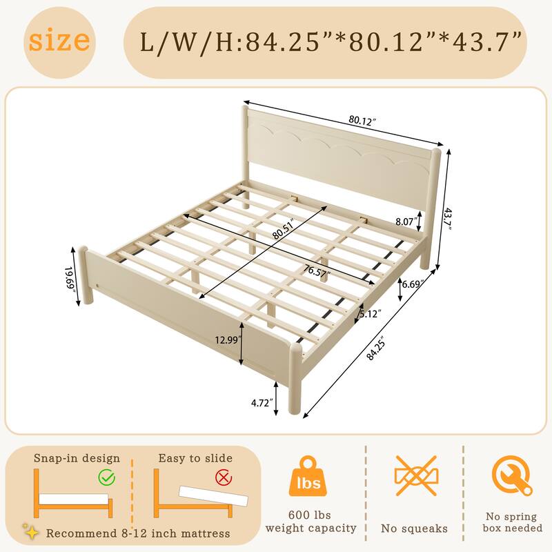 Wooden Platform Bed with Headboard, Solid Pine Kids Bed Frame, Wood Slat Support