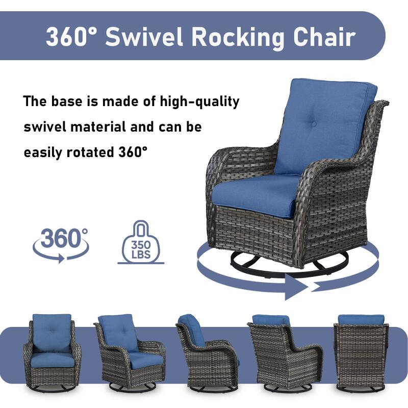 Patio Wicker Loveseat Sofa and Swivel Chair with Table - Blue cushion - Grey