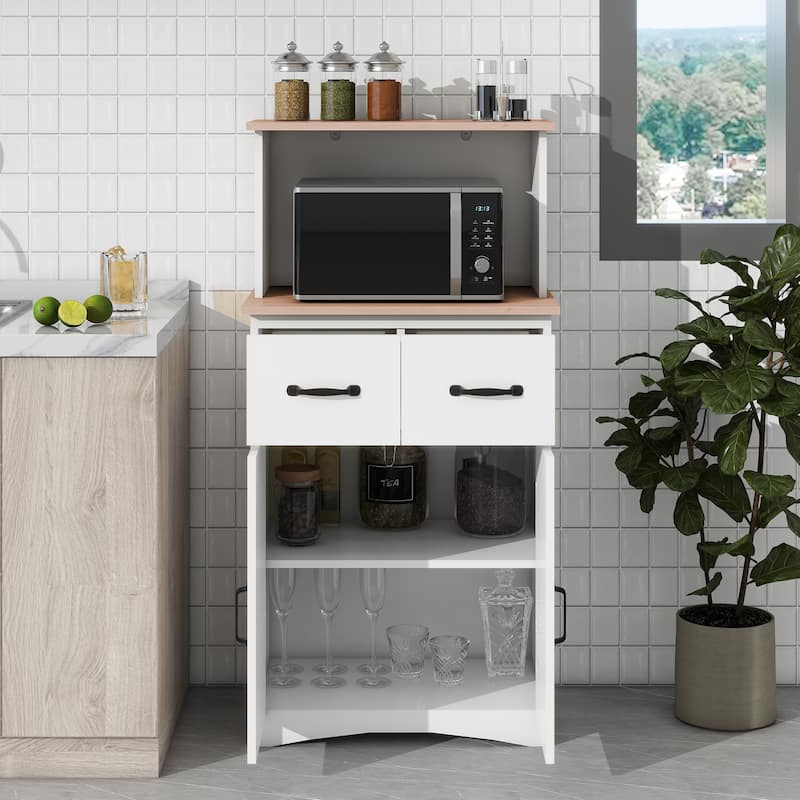 White Wooden Kitchen Pantry Cabinet with Microwave Shelf, Drawer and Closed Cabinets, Pantry Room Storage Microwave Cabinet