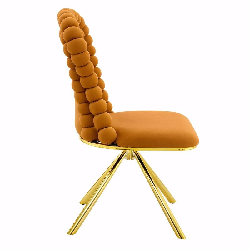 Set of 2 Puffy Bubble Velvet Dining Chairs with Ball Chain Detail & Gold Legs