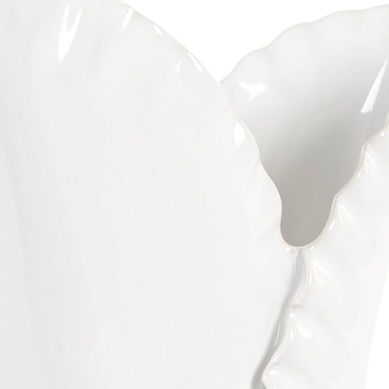 Rippled Edge Ceramic Leaf Vases - 15" - White - Set of 2