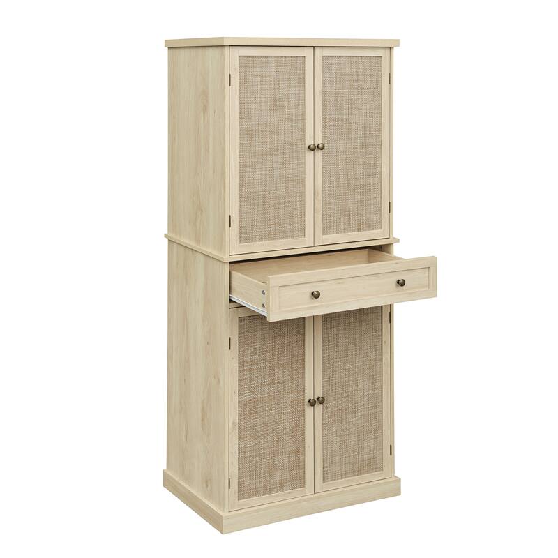 Pantry Cabinet with 4 Rattan Doors & 1 Drawer, Buffet Cabinet with Adjustable Shelves, Freestanding Wooden Storage Cabinet