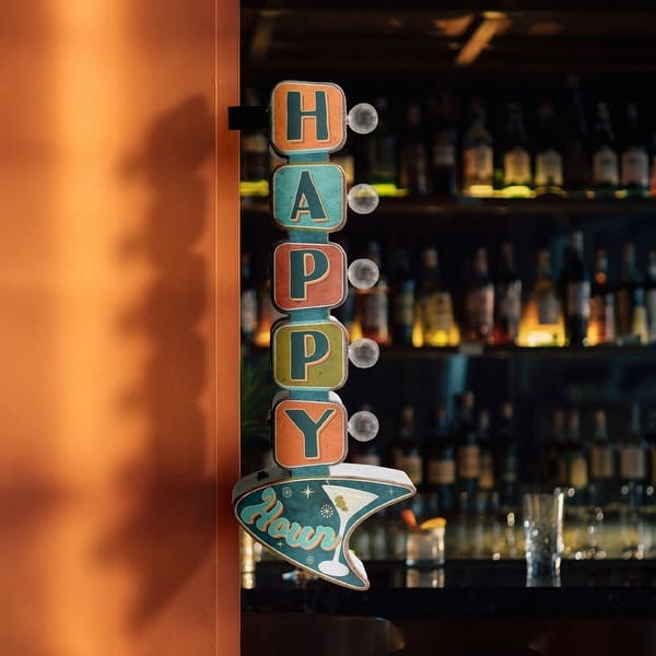 slide 2 of 8, American Art Decor Happy Hour' LED Metal Sign - Retro Marquee Wall Decor - 9" x 25" 9" x 25" - Happy Hour' LED Metal Sign