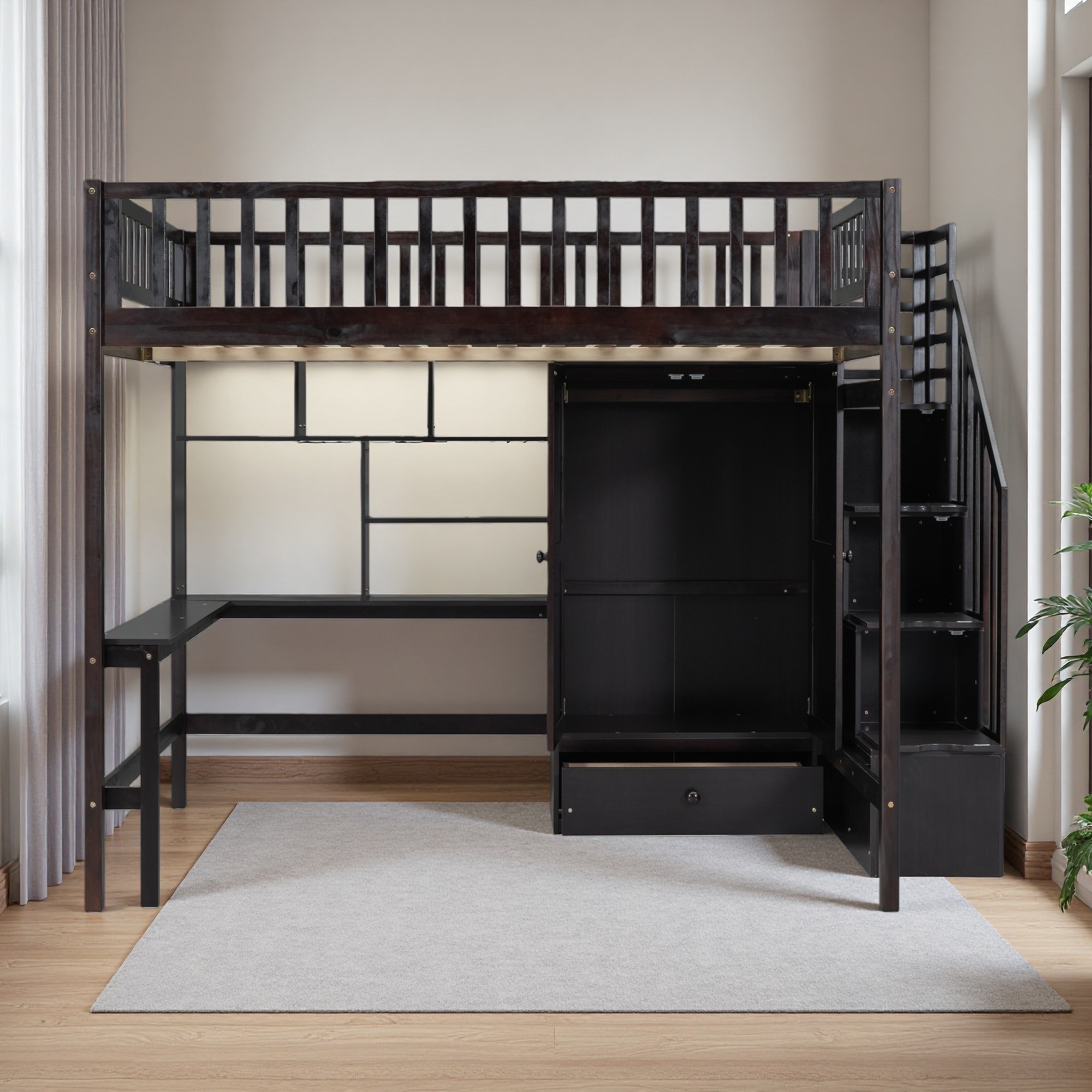 Full Size Wood Loft Bed with Bookshelf, Drawers, Desk and Wardrobe