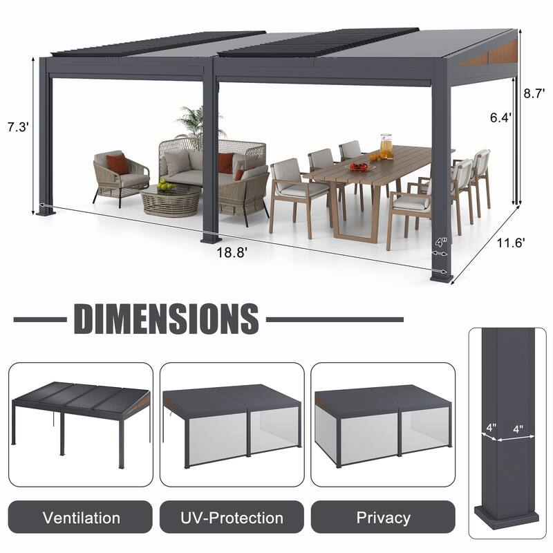 Erommy Wall-Mounted Pergola with Louvered Roof & Pull-Down Screen, Aluminum Awning for Patio or Deck