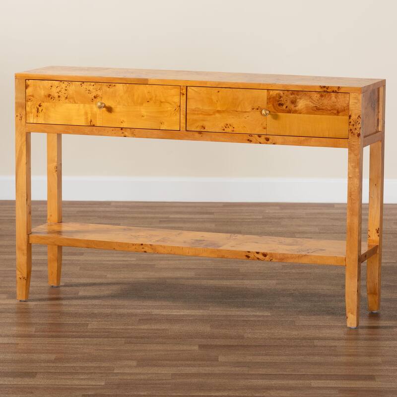 Ghina Modern and Contemporary Natural Light Mappa Real Burl Wood 2-Drawer Console Table
