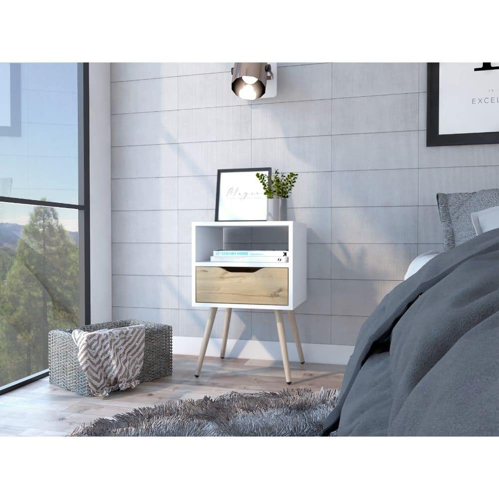 Modern Nightstand with Drawer and Open Shelf - White & Light Oak Finish, Space-Saving Design