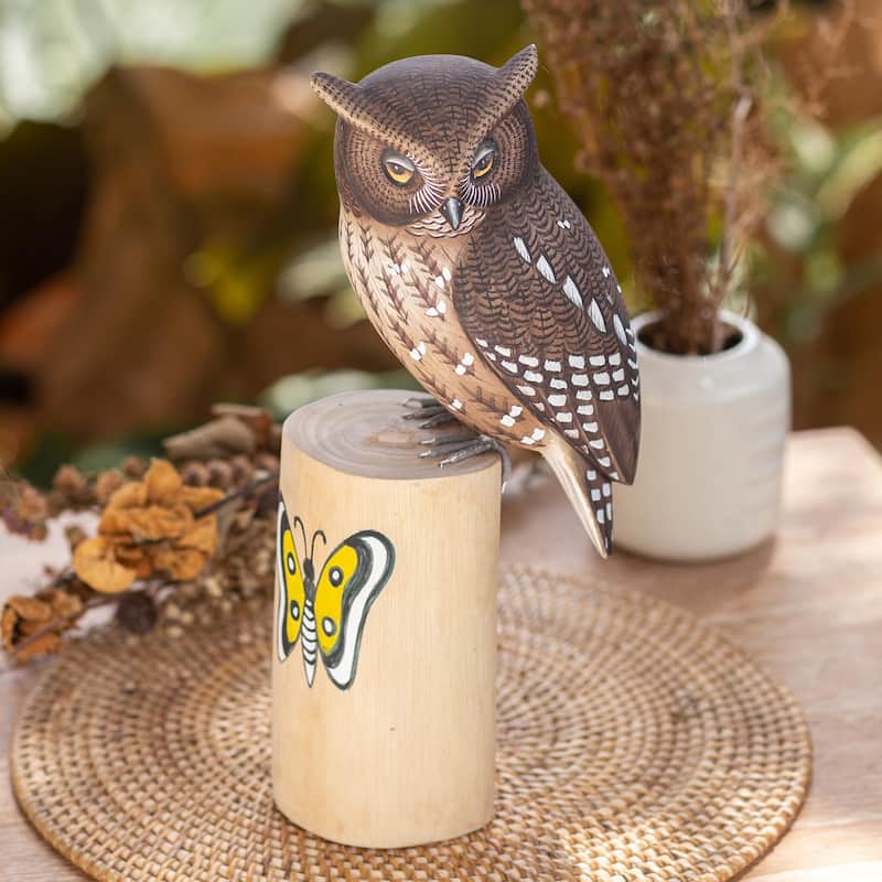 Novica Handmade Owl And Butterfly Wood Sculpture