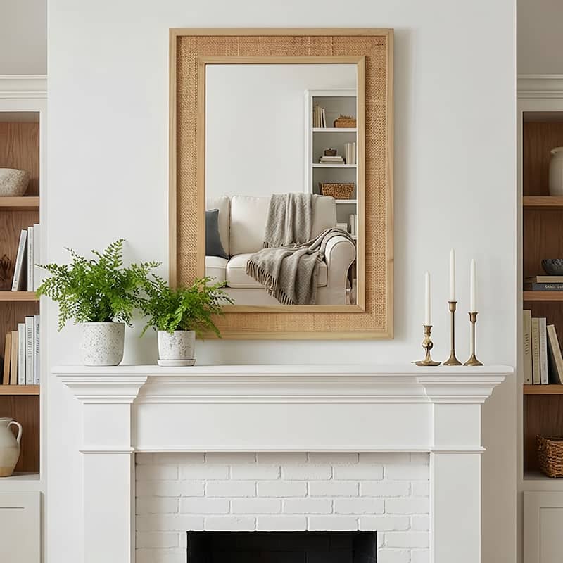 24"x36" Rattan Rectangle Solid Wood Frame Decorative Mirror,For Farmhouse,Bathroom,Home Decor,Entryway