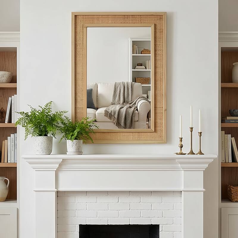 Rattan Rectangle Solid Wood Frame Decorative Mirror