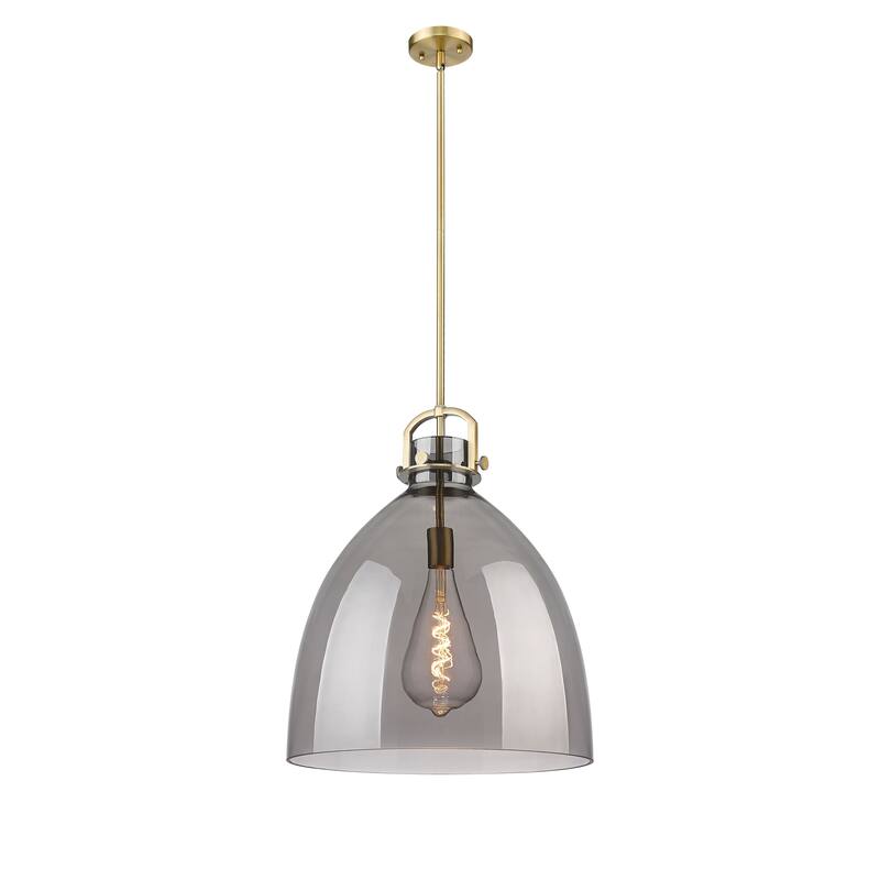 Innovations Lighting Newton Bell - 1 Light 18" Stem Hung Pendant - Brushed Brass/Light Smoke