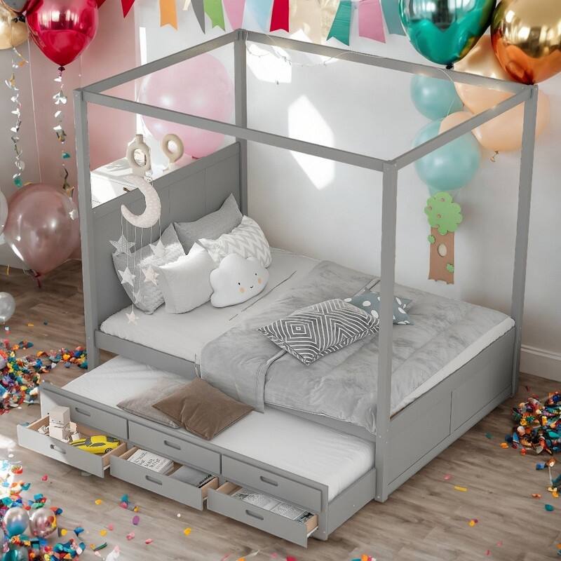 Queen Size Bed Canopy Platform Bed with Twin Size Trundle and Drawers, Gray