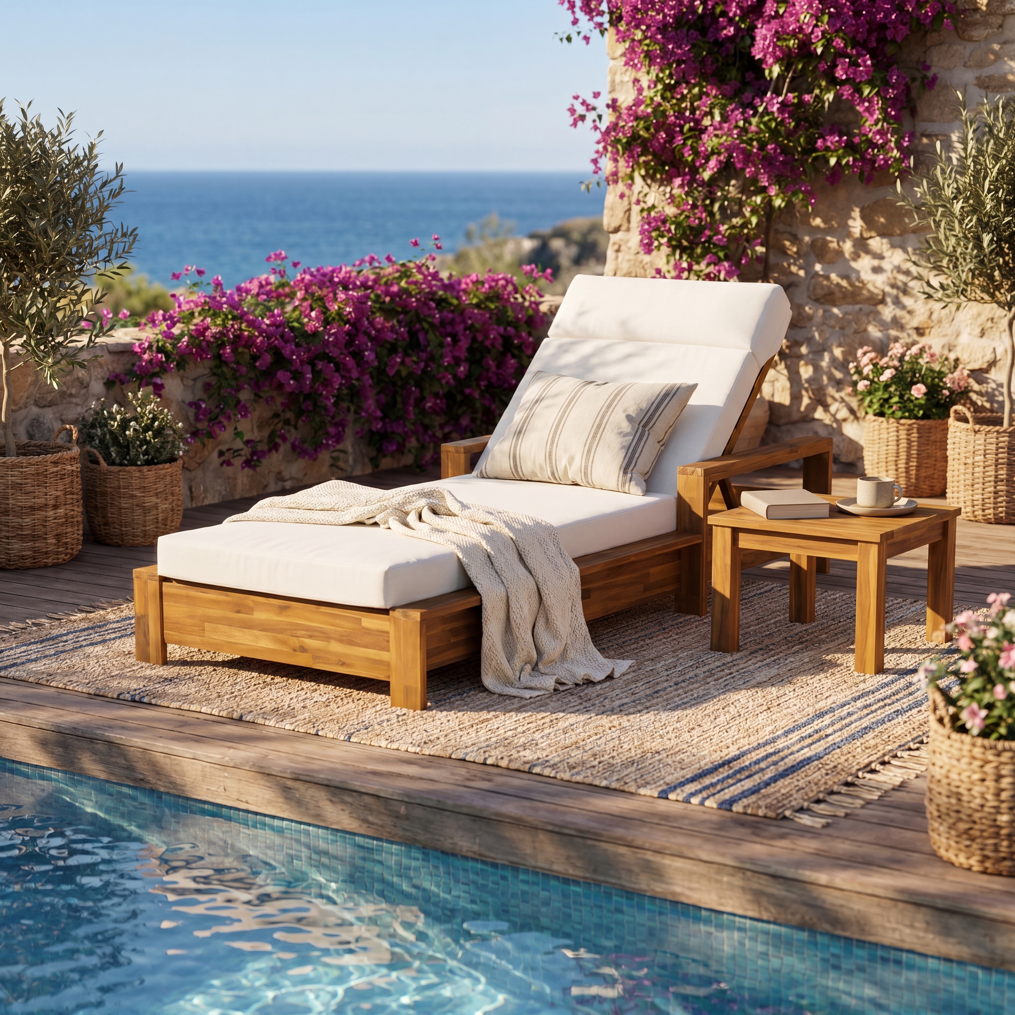 Christopher Knight Home - Kensington Outdoor Chaise Lounge, Acacia Wood Adjustable Backrest & 4-Fold Water-Resistant Cushion