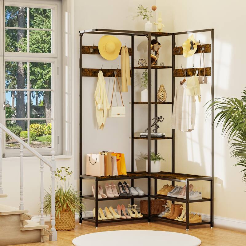 Industrial Hall Tree with Shoe Storage Bench Corner Display Shelf