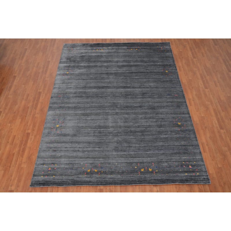 Hand Knotted Oriental Viscose Silk Carpet Tribal Animal Pictorial Greys & Charcoal Gabbeh Area Rug - 11' 10'' X 8' 11''