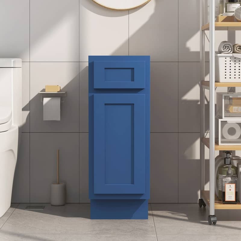 Vanity Art 12 Inch Bathroom Vanity Base Cabinet Single Right Offset Solid Wood Small Bathroom Storage Floor Cabinet - Blue