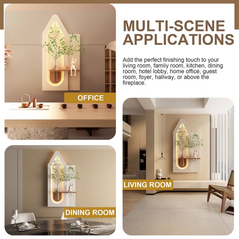 Adjustable 3-Color LED Sandstone Wall Decor with Simulated Green Plants - 3D Art Sculpture, Glass Vase & Rabbit Statue