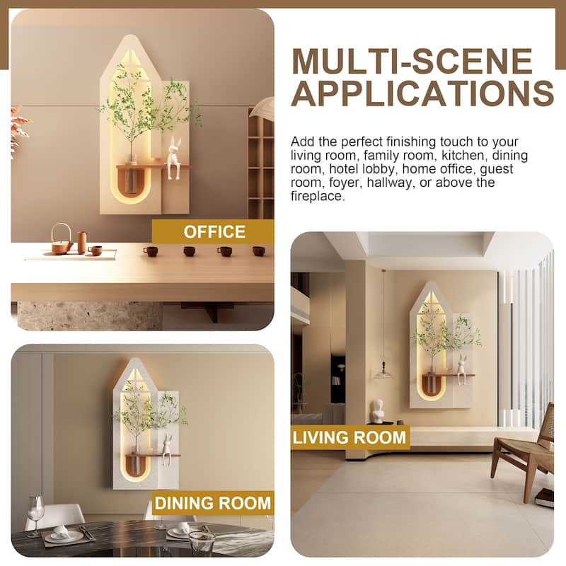 Roomfitters LED Sandstone Wall Art with 3D Vase, 3 Color Light Strip & Fake Rabbit Statue for Living Room, Light Coffee