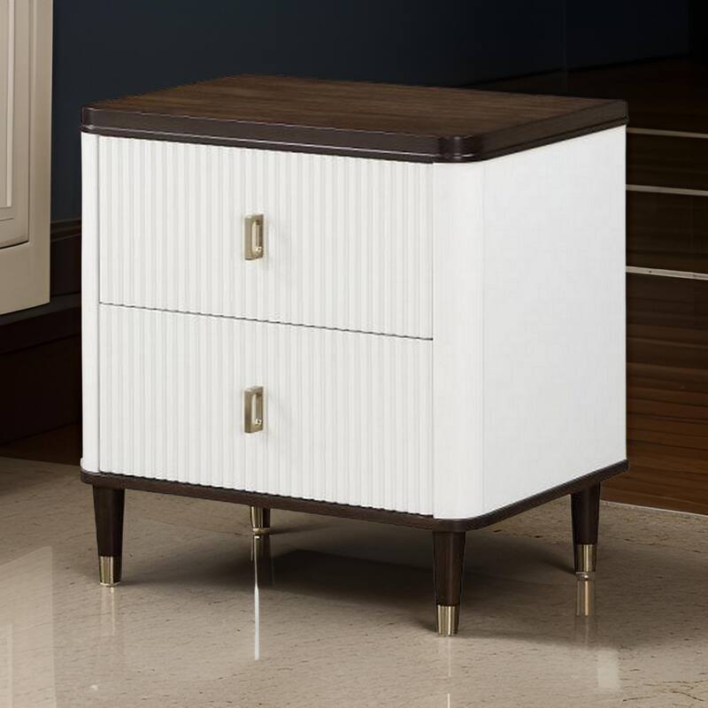 Aren 27 Inch Nightstand, 2 Drawers, USB Charger, Solid Wood, White, Brown